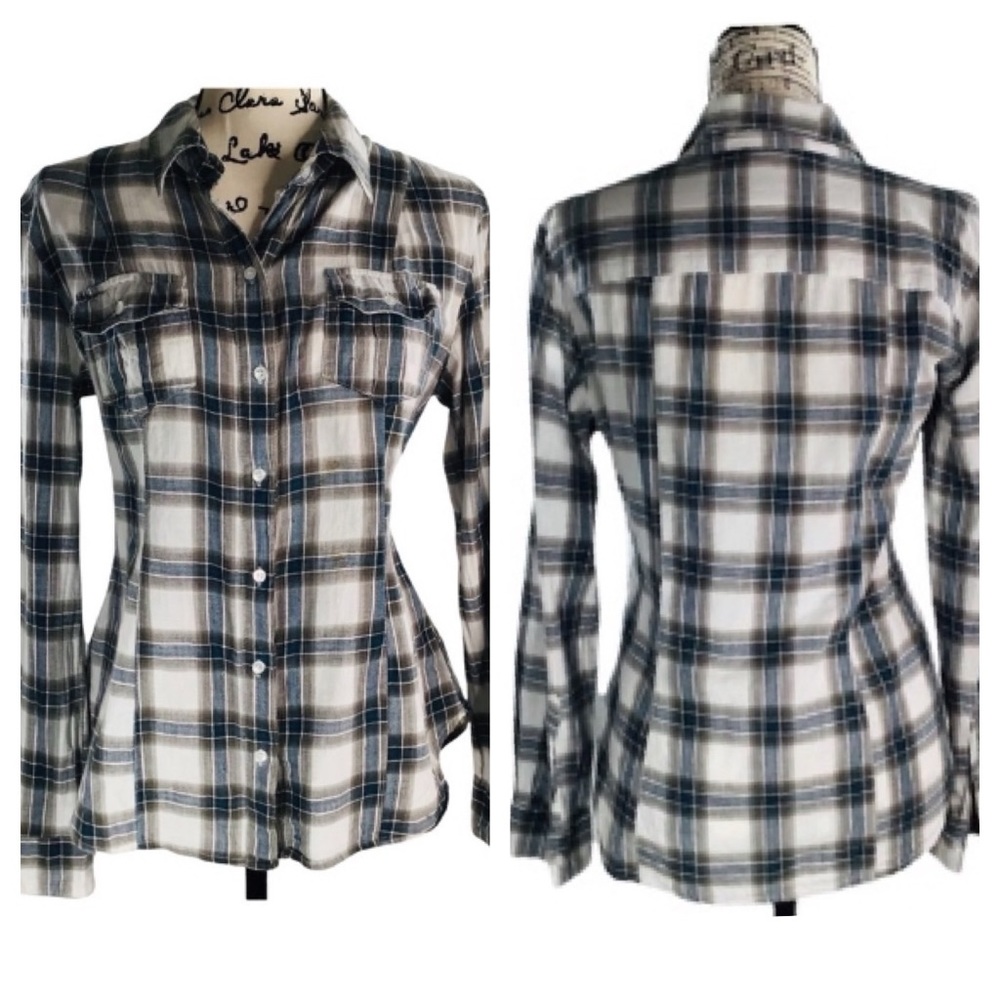 SANDRA INGRISH - 100% Cotton Plaid Button Down Shirt - Large